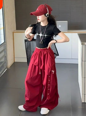 女童街舞服装儿童轻薄速干工装裤红色女孩夏装嘻哈爵士舞阔腿裤裙