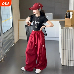 女童街舞服装儿童轻薄速干工装裤红色女孩夏装嘻哈爵士舞阔腿裤裙