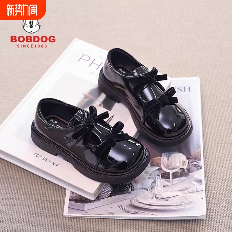 巴布豆真皮女童鞋小皮鞋黑色春秋季新款儿童乐福鞋中大童演出鞋子
