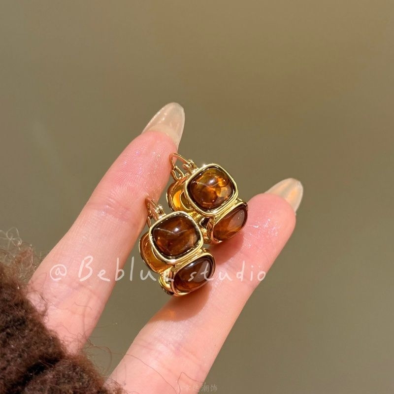 落日熔金~复古虎眼石金边耳钉女秋冬轻奢耳环耳圈高级感独特耳饰