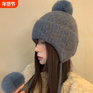 可爱毛球针织毛线帽子女款2025新款秋冬款保暖护耳灰色黑色绿色