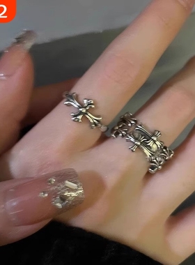 暗黑风朋克十字架开口戒指女复古做旧对戒轻奢小众设计高级感尾戒