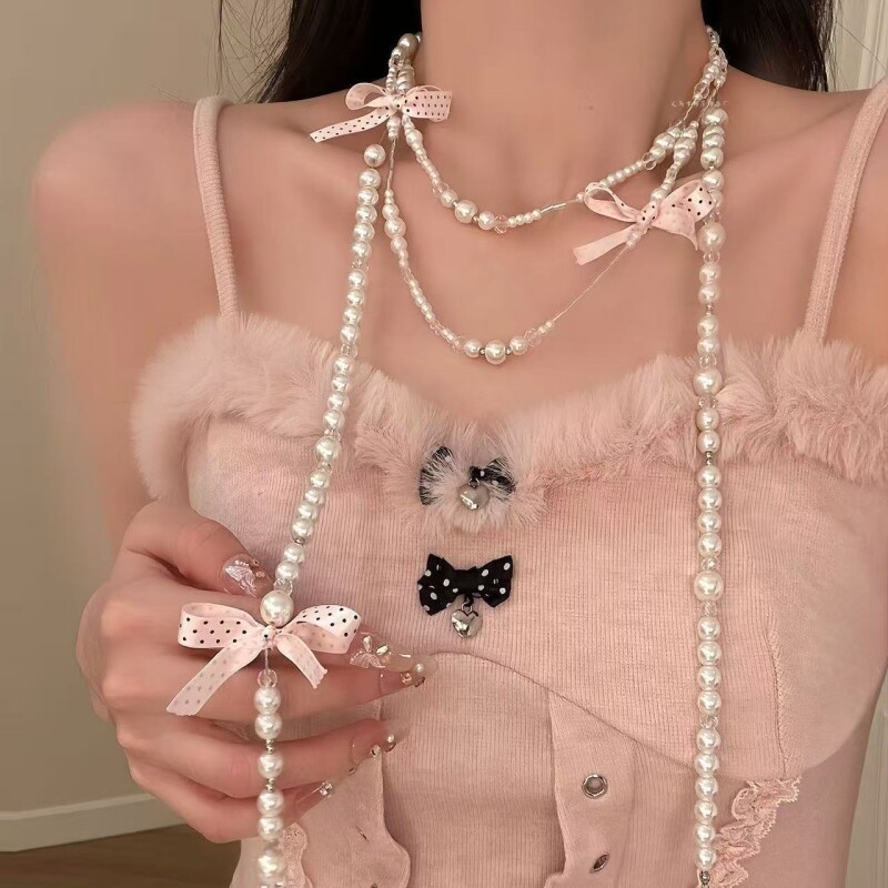 【名伶千金】小香风粉色蝴蝶结珍珠项链长款叠戴锁骨链毛衣链颈链