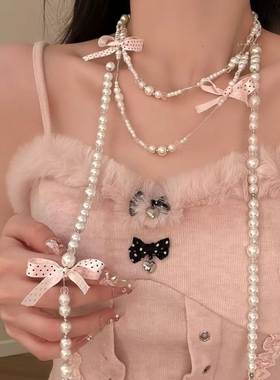 【名伶千金】小香风粉色蝴蝶结珍珠项链长款叠戴锁骨链毛衣链颈链