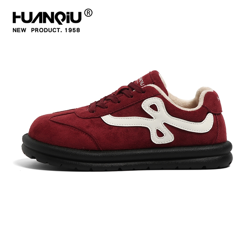 环球加绒厚底德训鞋女2025秋冬新款酒红色百搭休闲鞋加厚保暖棉鞋