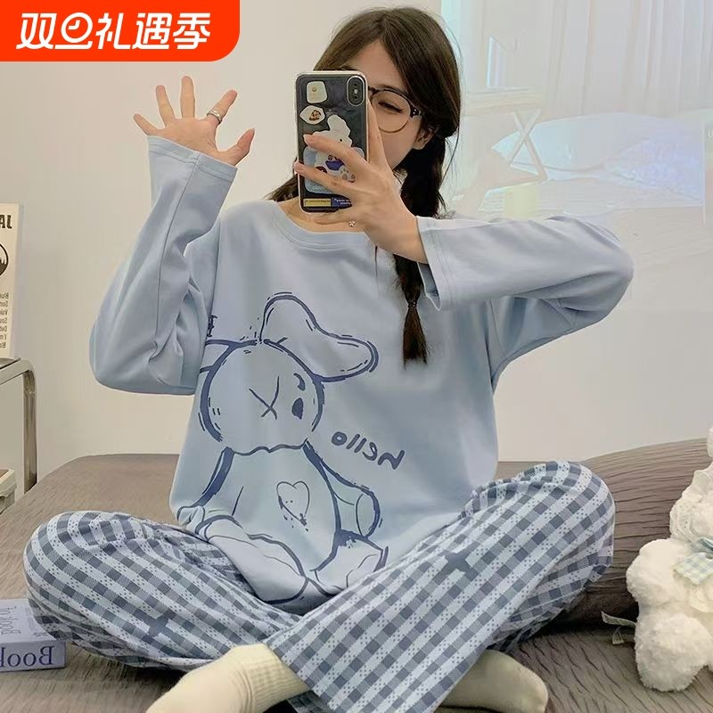 春秋季卡通圆领长袖长裤棉睡衣女冬季韩版休闲少女士带胸垫套装