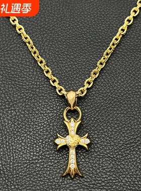 ODEKvintage22k金色满钻桃心十字架项链男女重工爱心吊坠男士欧美