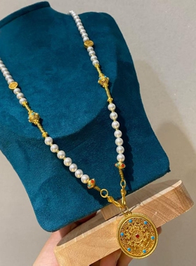 花丝古法金五福镂空圆盘长款白色贝珠项链毛衣链新中式汉服配饰女