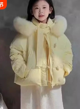 女童短款2025大毛领棉服保暖中大童冬季加厚女外套韩版棉衣A131