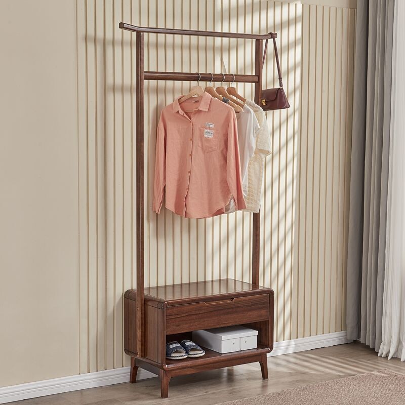 d北欧黑胡桃木落地挂衣架全实木换鞋凳简约现代鞋柜家用卧室衣帽