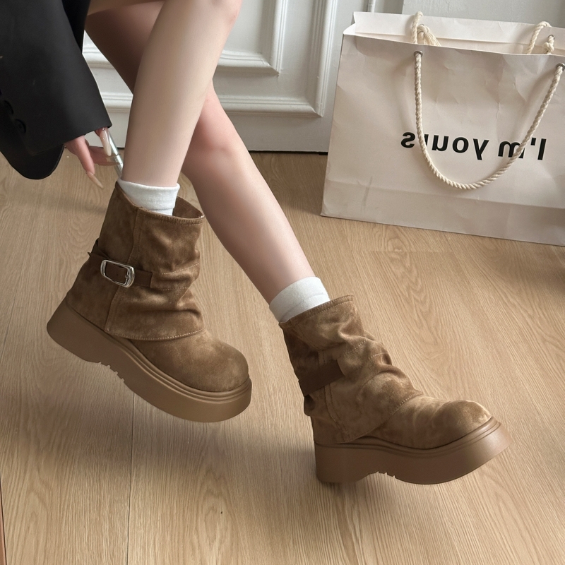 他她女孩厚底增高勃肯鞋短靴子女2025新款秋棕色爆款中筒堆堆靴爆