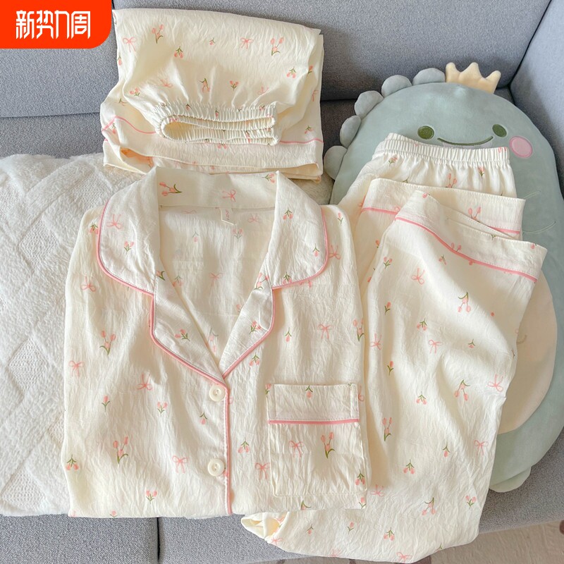 红豆云朵纯棉纱睡衣女短袖春夏款三件套甜美碎花开衫高级感家居服