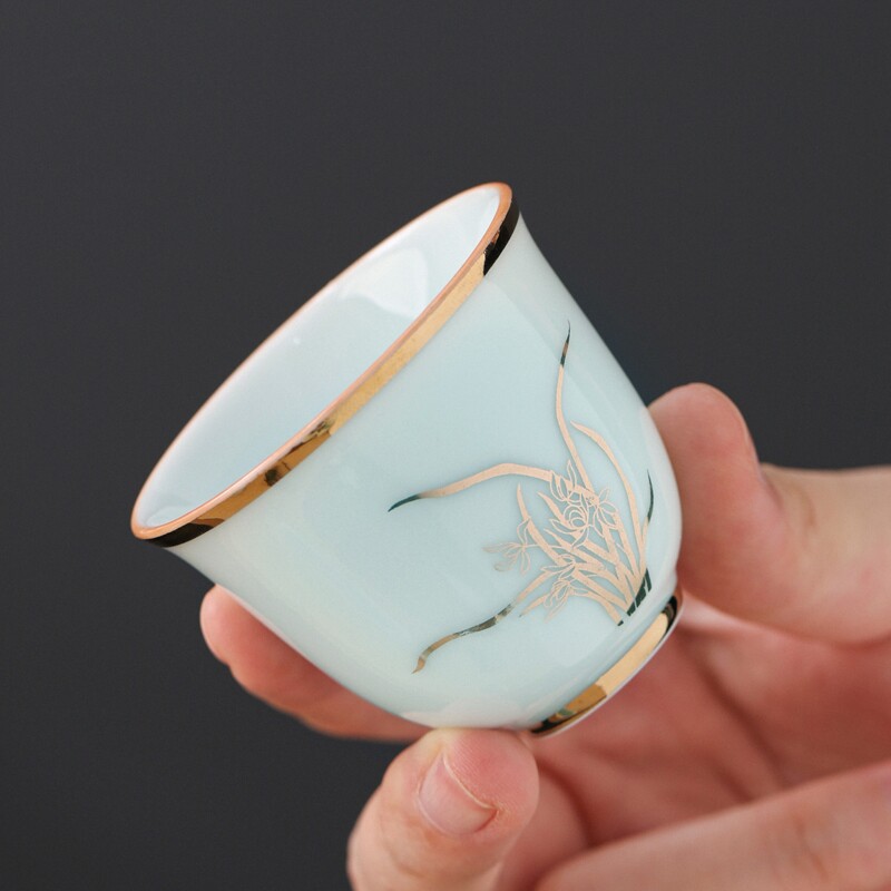 德化白瓷描金茶具纳福主人杯影青陶瓷茶杯家用白瓷品茗杯个人专用