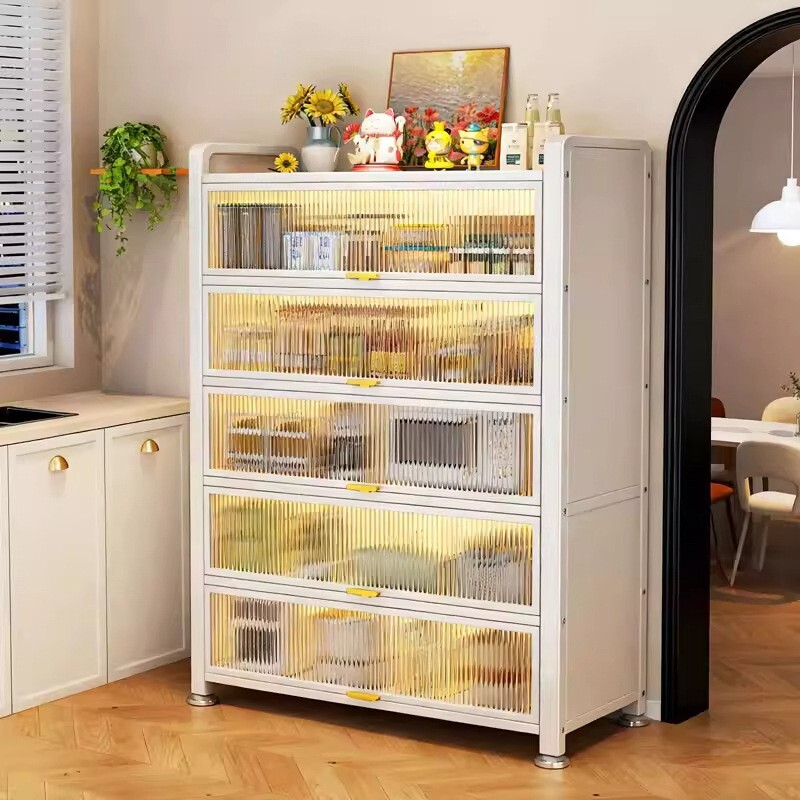 厨房多功能置物架落地多层家用防尘收纳柜微波炉橱柜带门碗柜铁皮