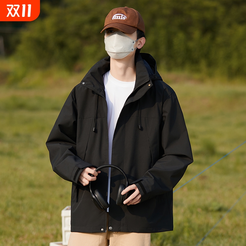 春秋季户外冲锋衣男女同款的外套可拆卸登山防风黑色单层内胆时尚