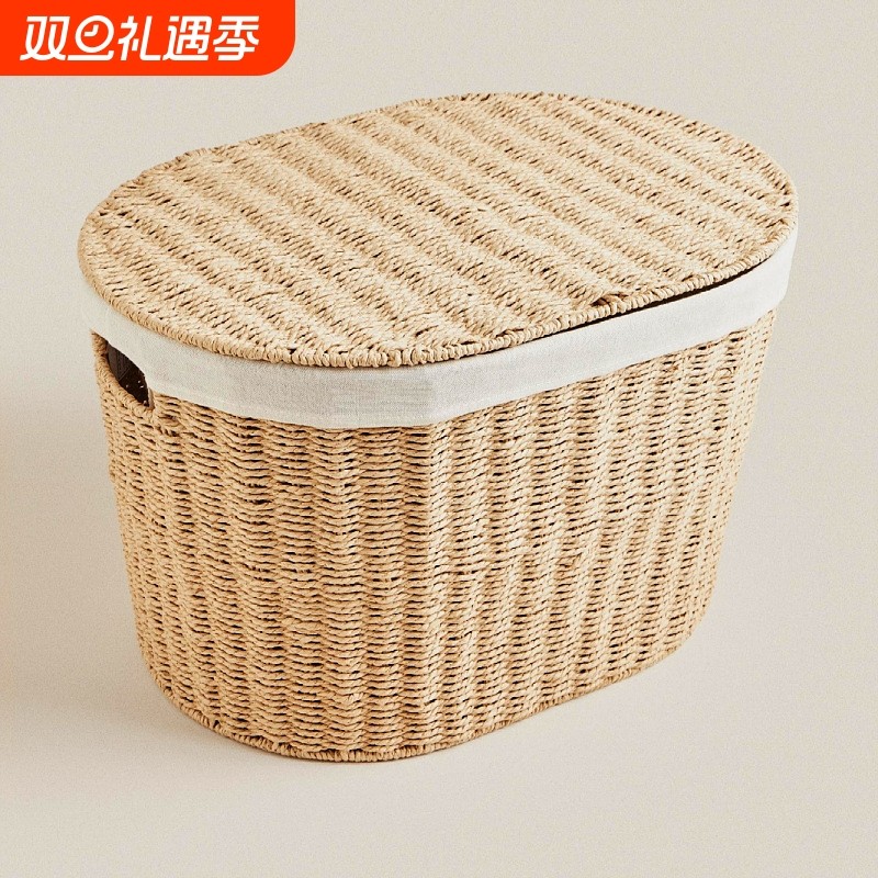 跨境纸绳编织洗衣篮衣服收纳箱储物筐脏衣篓卧室整理盒带盖收纳筐
