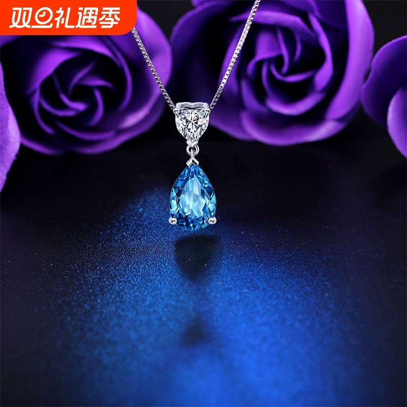S925纯银蓝水滴吊坠天然托帕石水晶项链欧美复古轻奢饰品批发礼物