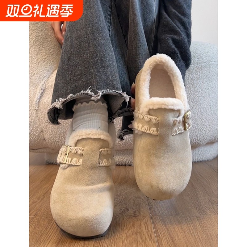 Misscat加棉加绒舒适保暖平底棉鞋女款冬季一脚蹬勃肯鞋毛绒棕色