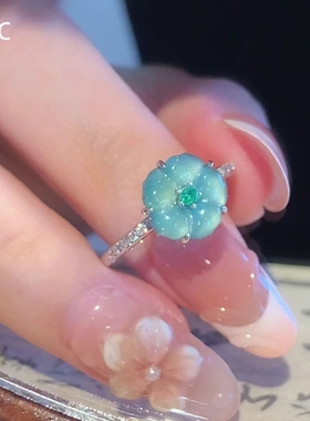 蓝色花朵戒指新中式古典优雅轻奢时尚清冷感设计估计显白食指戒女