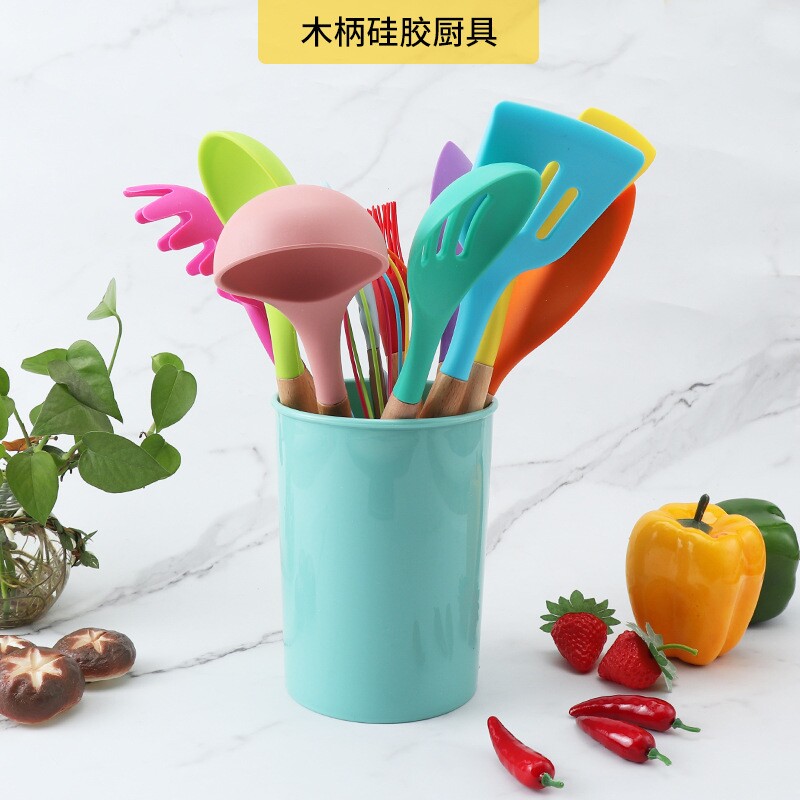 kitchenware彩色硅胶厨具套装木柄不粘锅硅胶铲勺12件套