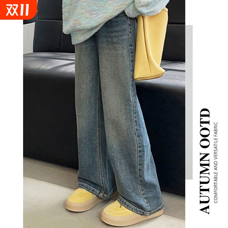 女童春秋季阔腿牛仔裤儿童韩版宽松直筒裤女孩百搭大童加绒长裤潮