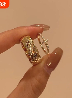 寻光中古镶钻菱格宽戒指小香风轻奢气质满钻十字架叠戴食指戒素圈