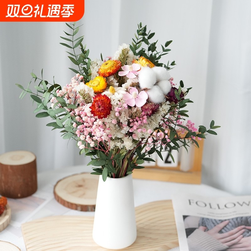 尤加利叶勿忘我干花永生花满天星花束装饰真花摆件客厅鲜花棉花