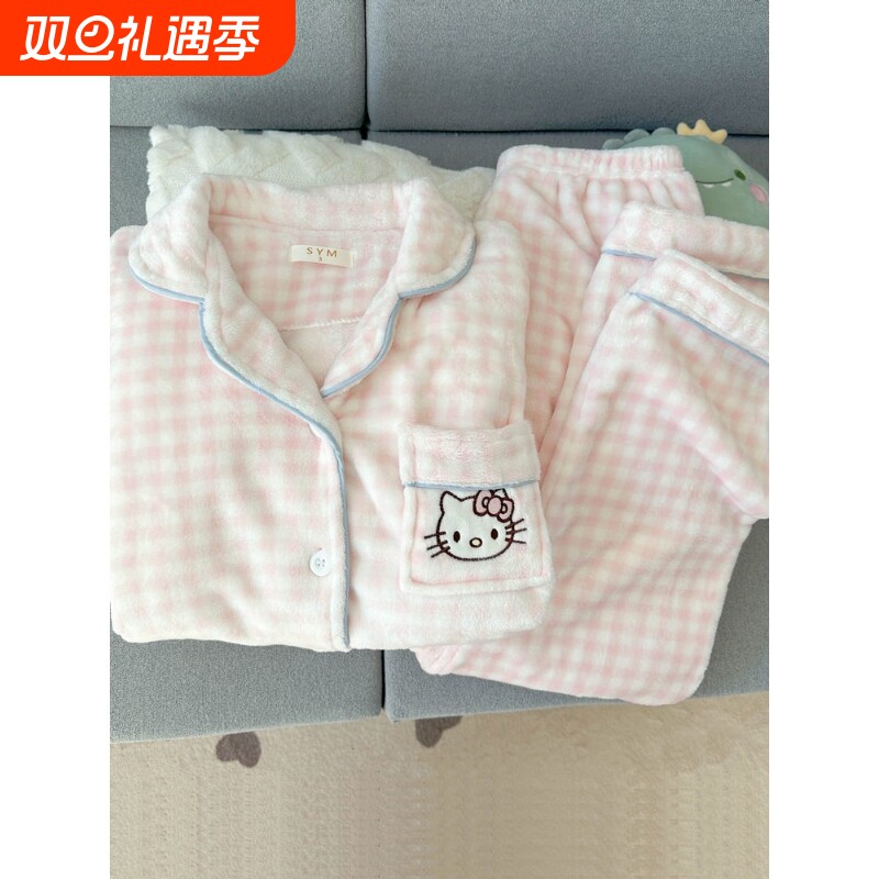 红豆秋冬珊瑚绒大码睡衣女秋冬法兰绒少女粉格KT猫加厚保暖加绒家