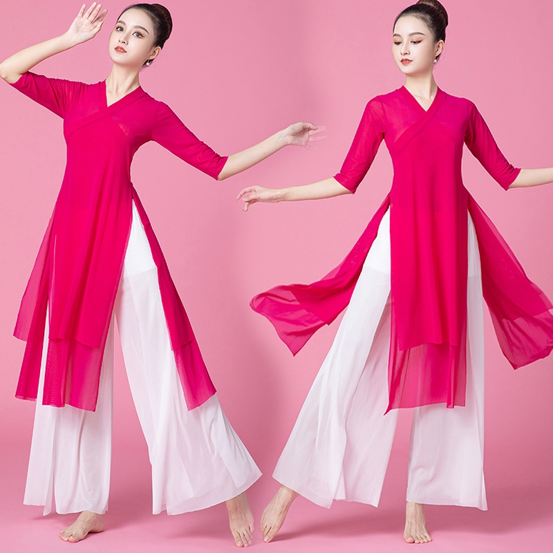 古典舞纱衣长款舞蹈练功汉服装演出显瘦阔腿裤女身韵双层飘逸纱衣