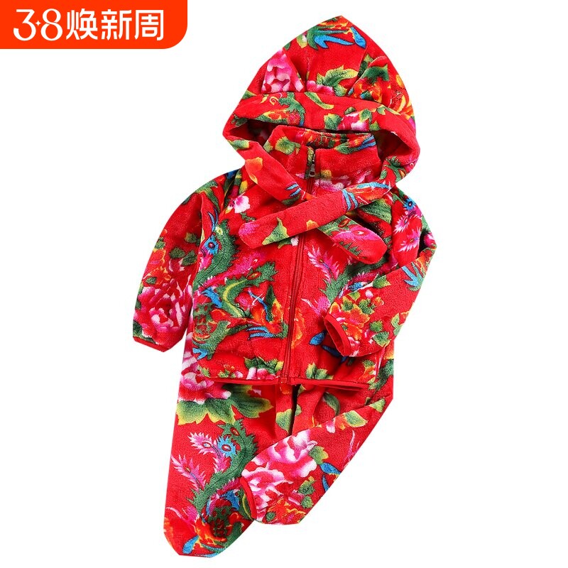 儿童薄款东北大花法兰绒秋冬季宝宝套装拜年衣服男女童过新年套装
