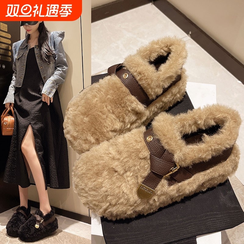 法式厚底毛毛鞋女外穿2025冬季加绒保暖雪地靴防滑豆豆棉单鞋鞋子