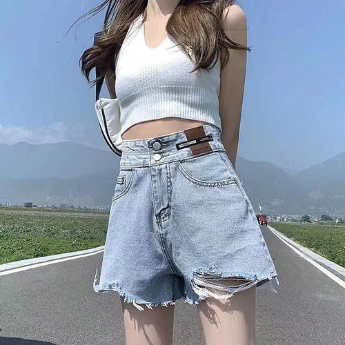 大码胖mm浅蓝破洞毛边牛仔短裤女夏季新款高腰宽松显瘦a字阔腿裤