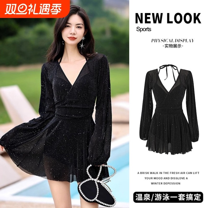 泳衣女连体2025保守新款长袖防晒显瘦遮肚高级感海边度假温泉黑色