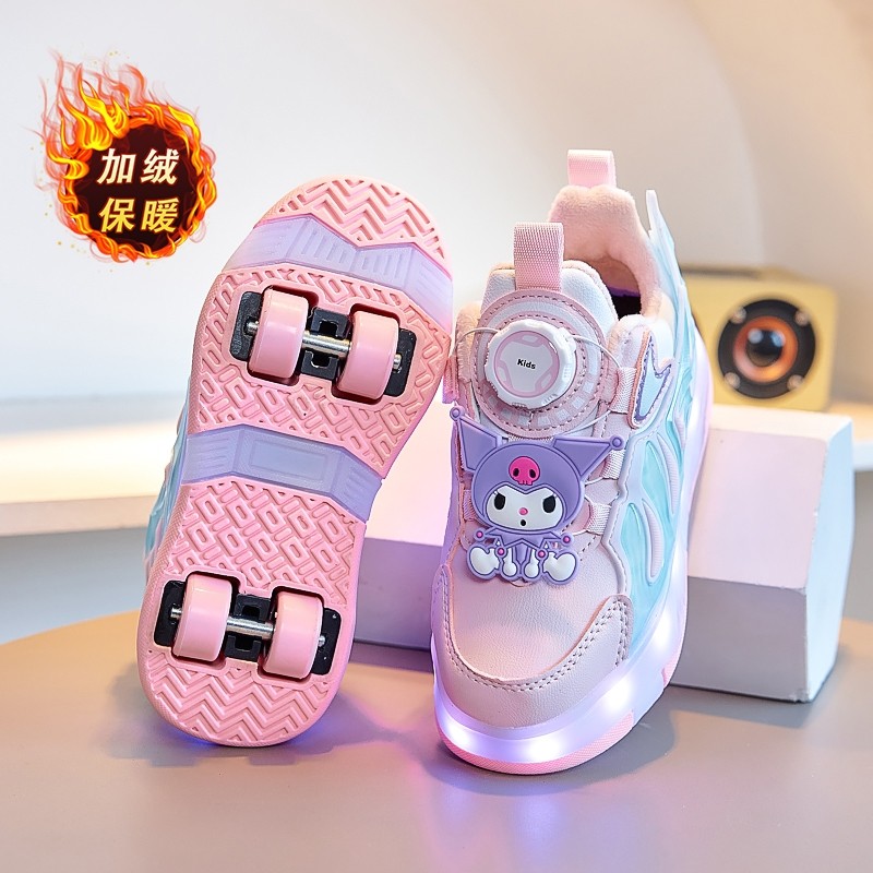 暴走鞋女童秋冬季加绒儿童带轮子运动学生隐形轮滑鞋发光滑轮四轮