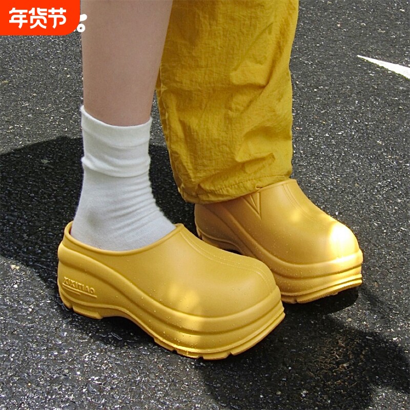 细细条 明黄色厨师鞋女春夏百搭增高厚底洞洞鞋懒人半拖鞋穆勒鞋