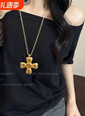 十字架项链长款中古信约 复古重工金色女小众设计毛衣链挂脖配饰