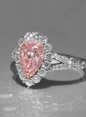 JZ249小夸张女款仿真粉钻群镶水滴形结婚求婚钻戒可爱风外贸戒指