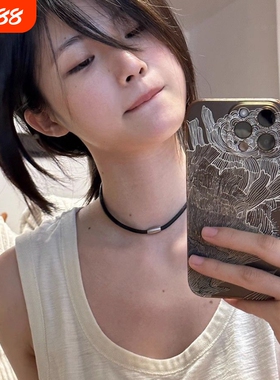 你简约潮流原创锁骨链黑色初恋短款项圈皮绳颈链老王钢扣项链磁吸