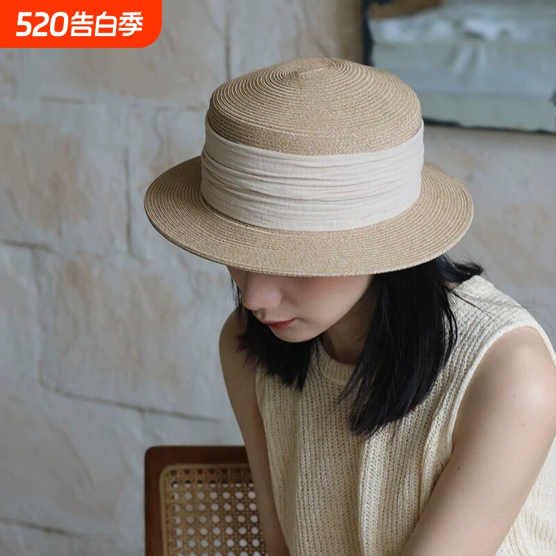 草编防晒帽草帽夏季轻法式平顶户外出游遮阳小礼帽女士黑色可折叠