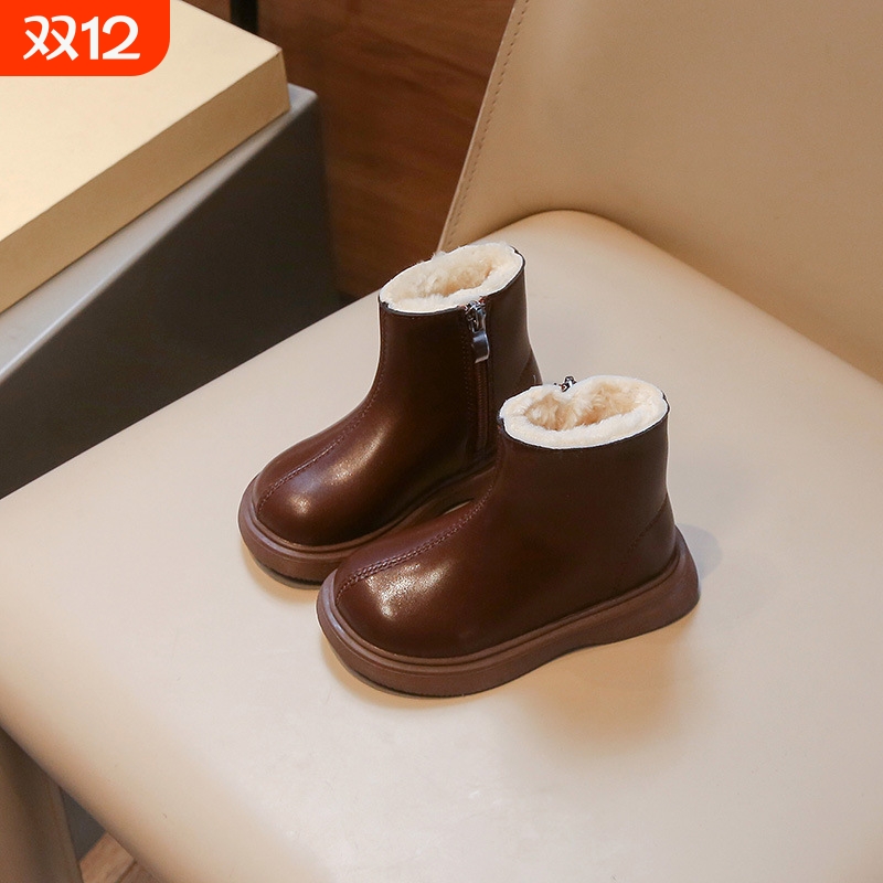 女童靴子加绒大棉鞋2025秋冬新款儿童马丁靴男童加厚棉靴短靴黑色