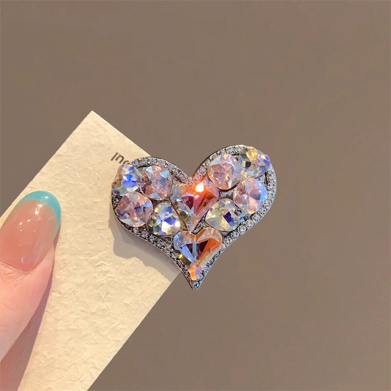 2025新款鸭嘴夹彩色水晶锆石爱心发夹女甜美侧边碎发刘海夹子发卡