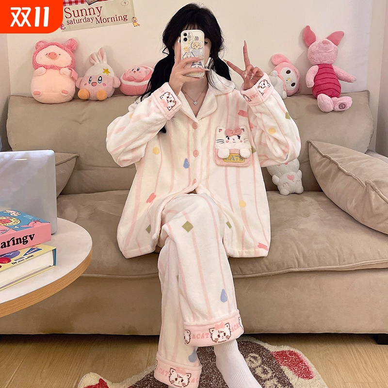 珊瑚绒睡衣女秋冬季加绒加厚套装
