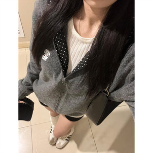 颂衣阁学院风连帽波点灰色毛衣开衫女秋冬宽松拉链针织外套上衣