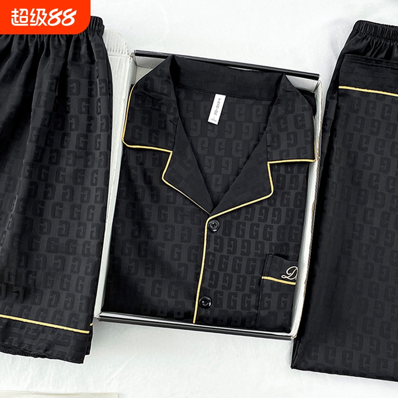 睡衣男夏季三件套2025新款冰丝短袖黑色高级感夏天男生家居服套装