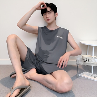 男款夏季莫代尔冰丝睡衣裤背心短裤套装薄款休闲加大码家居服夏