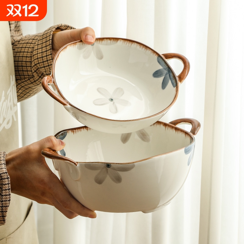 双耳汤碗大号家用日式吃面碗9英寸大容量盛汤大碗陶瓷汤盆
