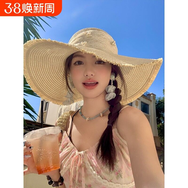 蕾丝草帽女夏季海边沙滩大帽檐田园风珍珠蝴蝶结遮阳帽防晒大头围
