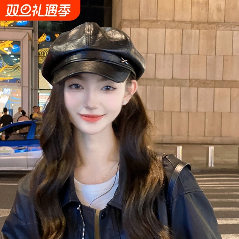 2025新款PU皮质八角帽女海军贝雷帽英伦复古报童帽卡其色咖啡色