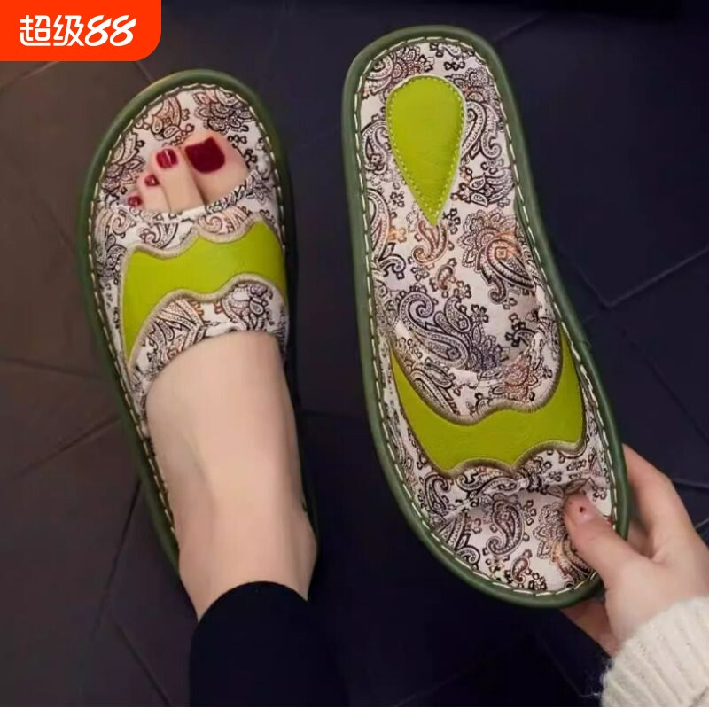欧式印花牛皮拖鞋室内男女海宁拖鞋居家夏季防滑牛皮拖鞋上线底