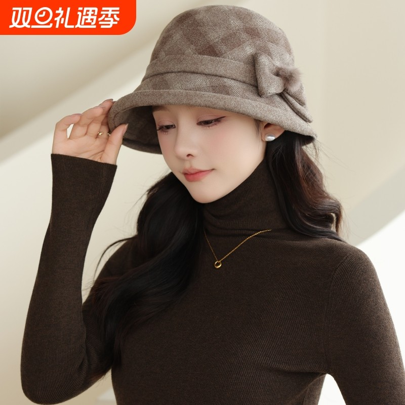 中老年帽子洋气盆帽妈妈帽秋冬款毛呢女帽保暖防寒防风卷边奶奶帽